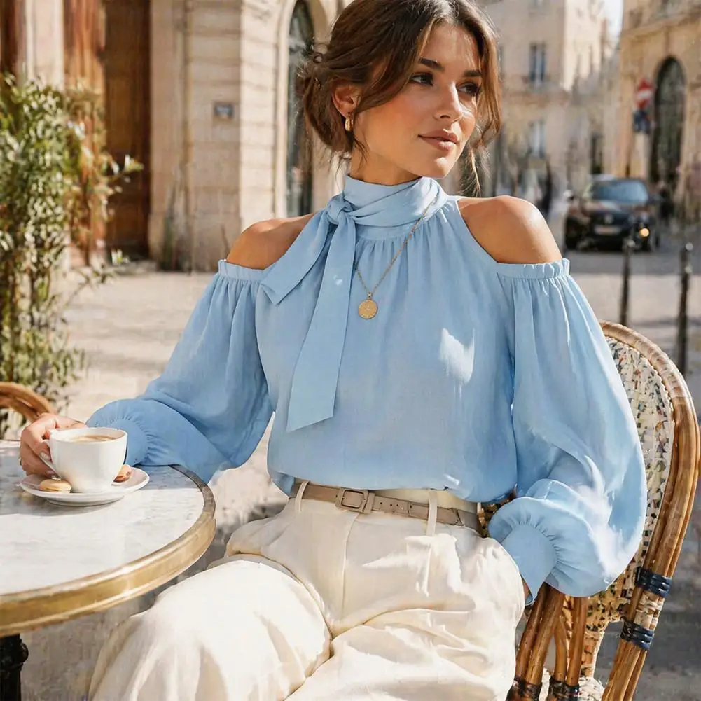 Regular Fit Women Blouse,Summer Breathable Lantern Sleeves Cold Shoulder Blouse, Casual Loose Fit High Collar Ruffle Top