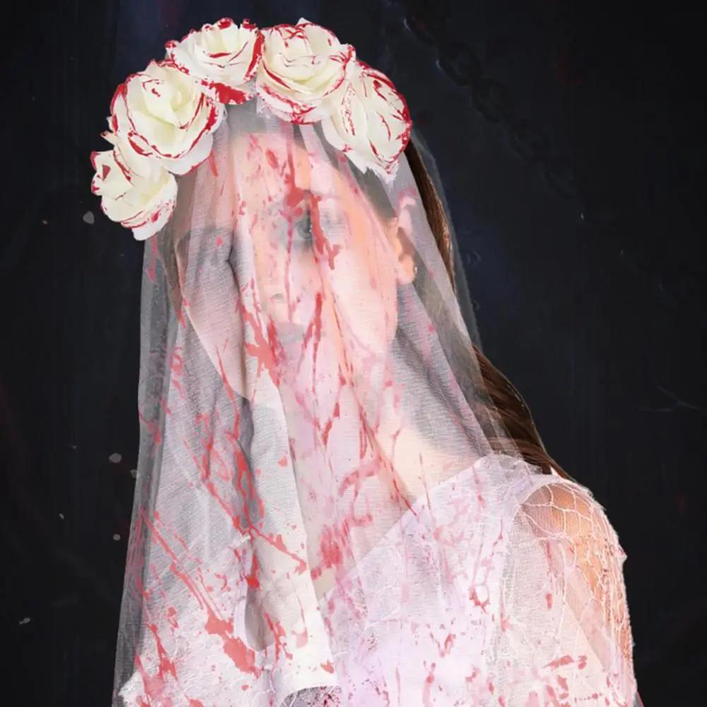 Halloween Headband Blood-Stained Veil Zombie Bride Headpiece, Breathable Mesh Hair Hoop for Haunted House Cosplay Themed Events