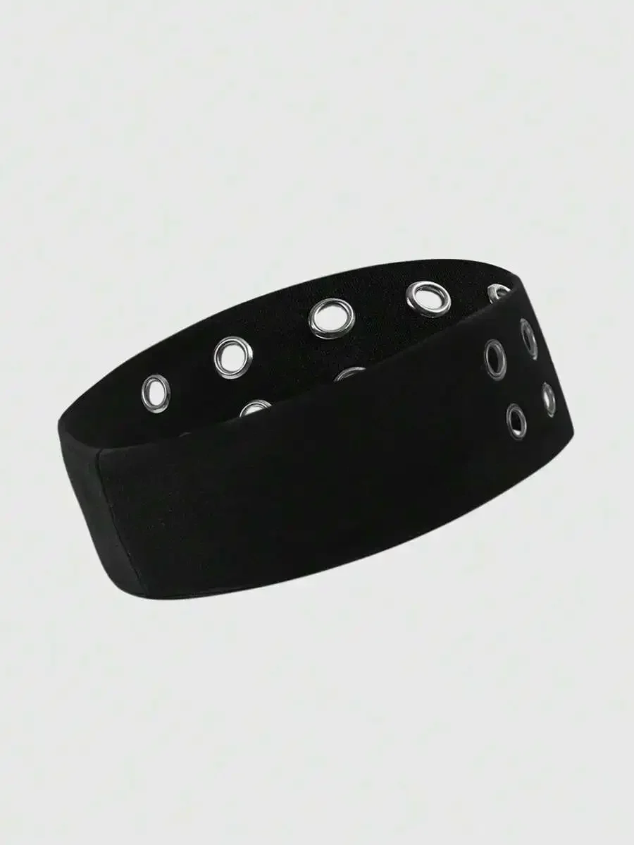 Punk Black Hollow Headband With Metal Rings Dark Minimalist Hair Accessory
