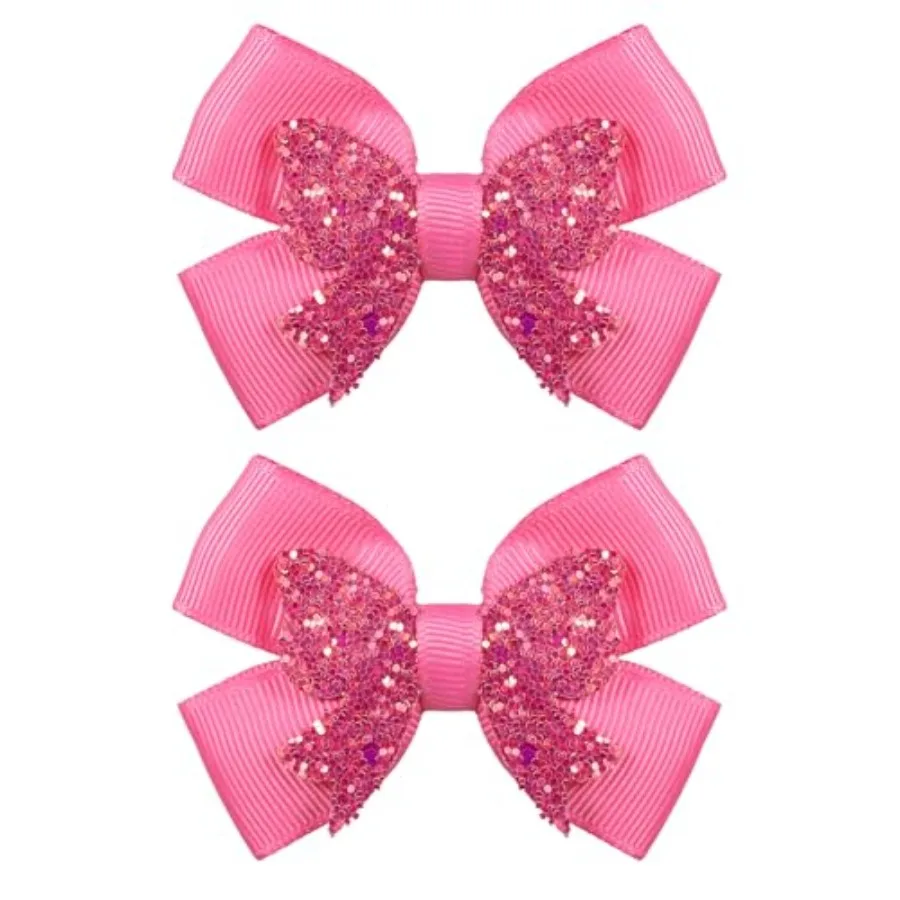2pc Glitter Pigtail Hair Bow Barrettes Alligator Clips 3" Small Sequin Bowknot Hairpins for Toddler Teens Cheerleader Girls Bir