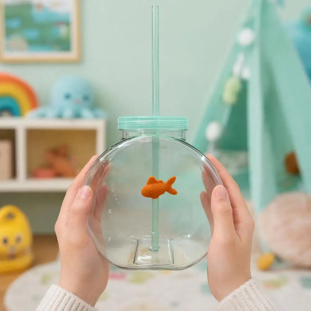Summer Party Cups Fish Bowl Bottle with Straw Plastic Fishbowl Tumblers with Lids Unbreakable Summer Drink Cups Party