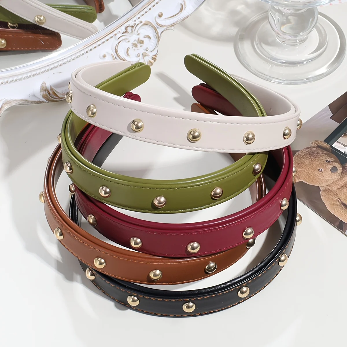 Europe, America, fashion, retro PU headband, inlay, rivet, headband, going out, pressing hair, high cranial top, hair band, women's hair accessories, daily, face washing, headband, going out to press 