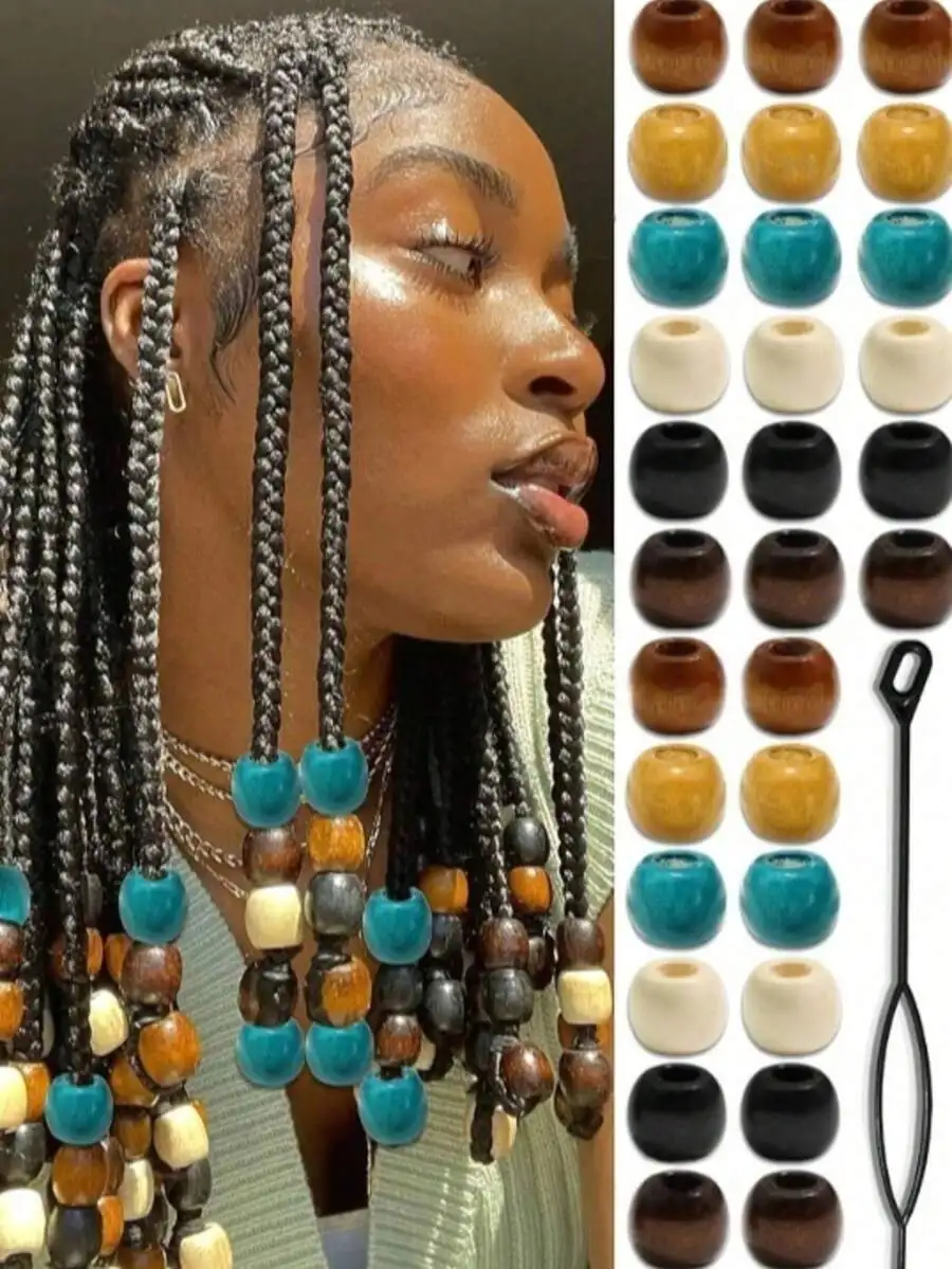 60pcs Wooden Hair Beads 6 Colors Braiding Accessories For Adult Hairstyle Decoration
