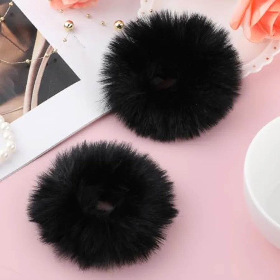 Limited-time offer 2Pcs Black Pompom Hair Tie Furry Faux Rabbit Fur Fuzzy Scrunchies Black Fuzzy Hair Ties Baby Hair Ties Ponyt