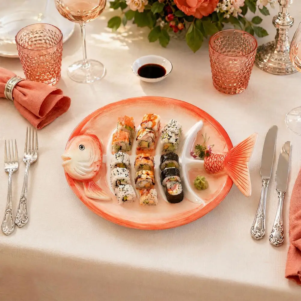 Ceramic Sushi Dish Fish Shaped Ceramic Dumpling Plate with Sauce Grooves Sushi Serving Tray for Appetizers Multifunctional Party