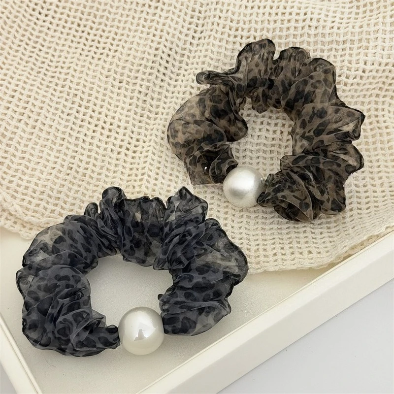 Vintage Leopard Print Mesh Scrunchie High Quality Pearl Double Layer Hair Tie For Ponytail Elastic Hair Band Hair Accessories