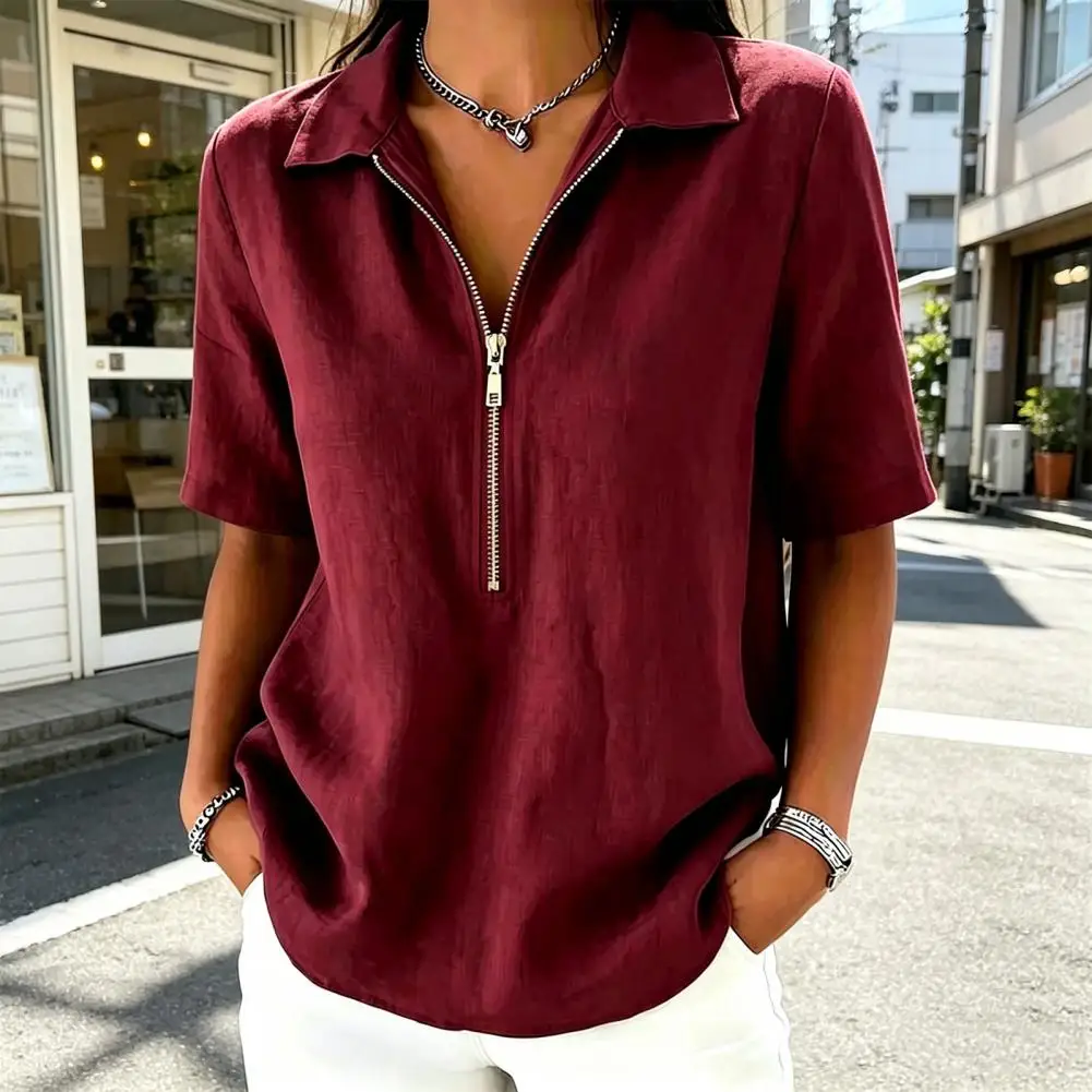 Skin-friendly Women Top Lapel Zipper Half Placket Pullover Tops Regular Fit Pure Color Casual Blouse Parties Daily Wear