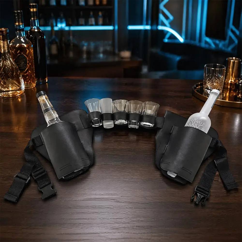 Durable Pu Wine Bottle Pouch Vintage Pu Leather Wine Bottle Waist Pack Dual-side Storage Bag with Multi-slot for Camping