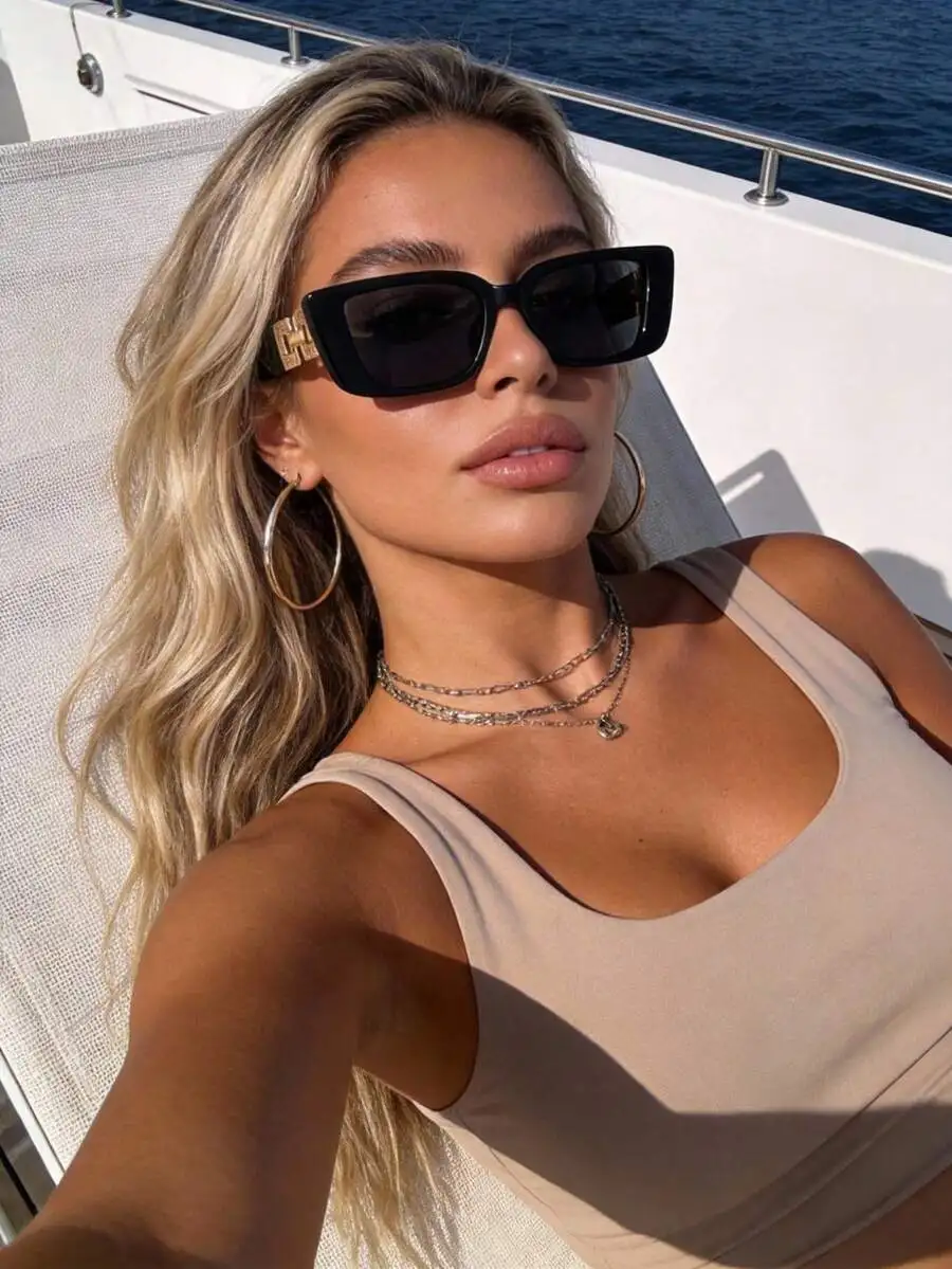 Vintage Geometric Plastic Frame Eyeglasses With Changeable Legs, Rectangle Chain Design, For Women's Beach, Travel, Fall/Winter,