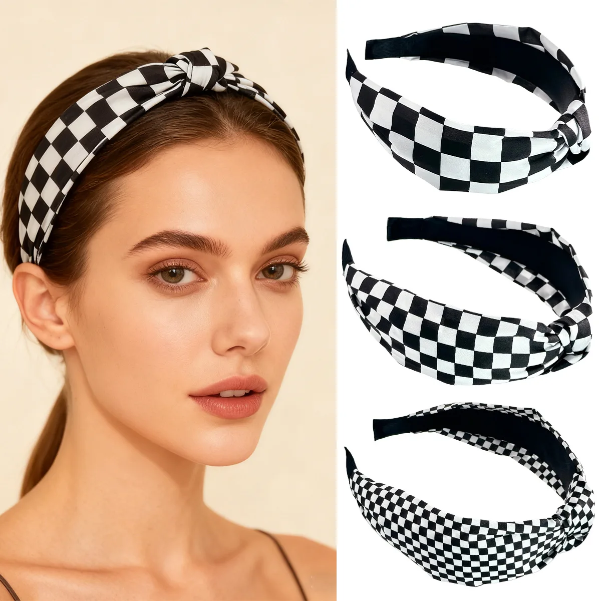 Black and White Checkered Headbands Knotted Hair Bands for Women Non SlipTop Knot Hair Band Cross Knot Headband Wholesale Fashionable Elastic Hair Accessories for Daily Wear Sports and Party Occasions