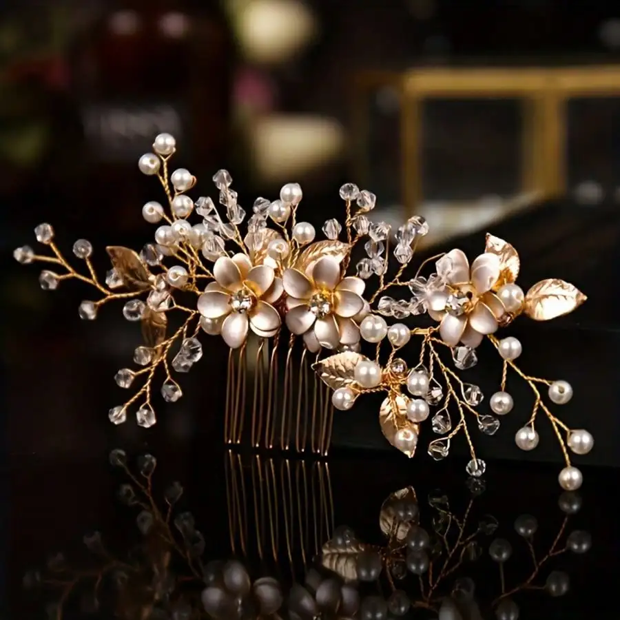 1pc Women's Elegant Handmade Alloy Leaf & Ceramic Flower Faux Pearl Hair Comb, Bridal Wedding Party Accessory,Summer,Beach