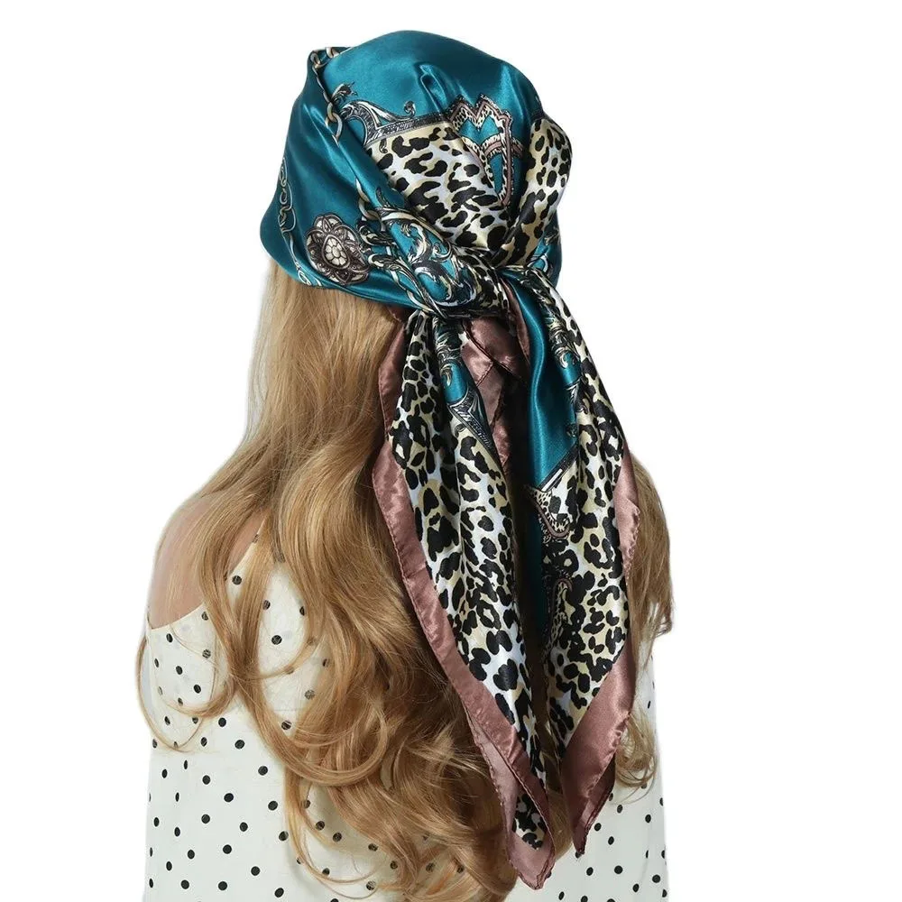 1PC Square Scarf with Leopard Print and Color Block Design - Versatile Satin Scarf, Head Scarf, Multi-purpose Silk-like Scarf