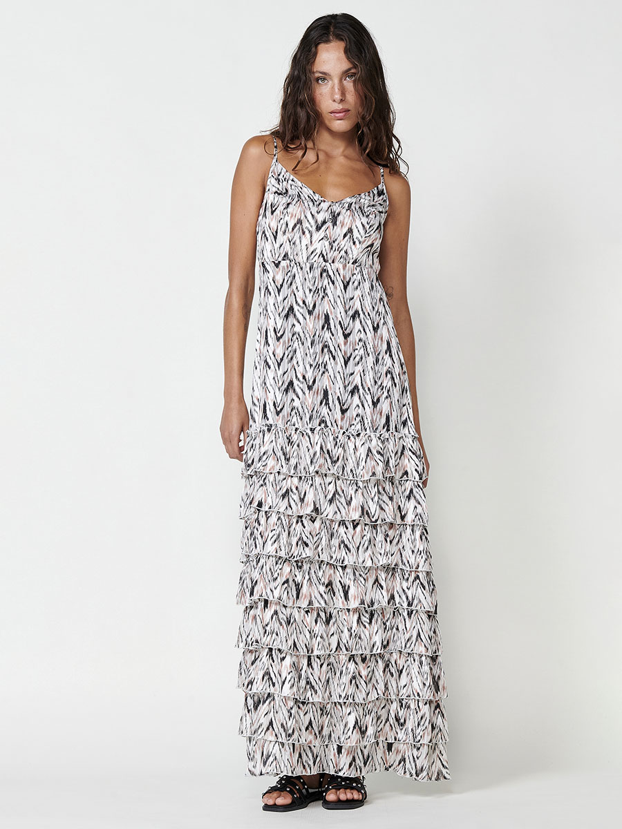 Koroshi - Vestido largo de tirantes con volantes para fiesta y boda, estampado blanco negro rosa en gasa 100% poliéster, cintura elástica y falda escalonada