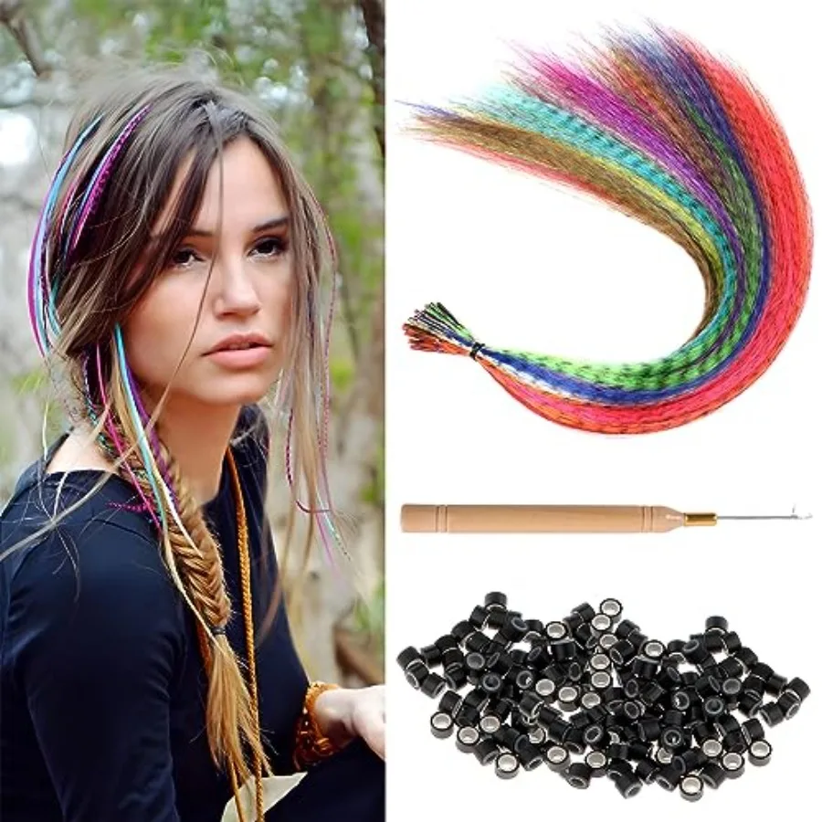 Hair Feathers Extension Kit - 13 Colors Mixed Colors Colored Synthetic Feather Hair Extensions Kit Not Real Feather with 100 Pc