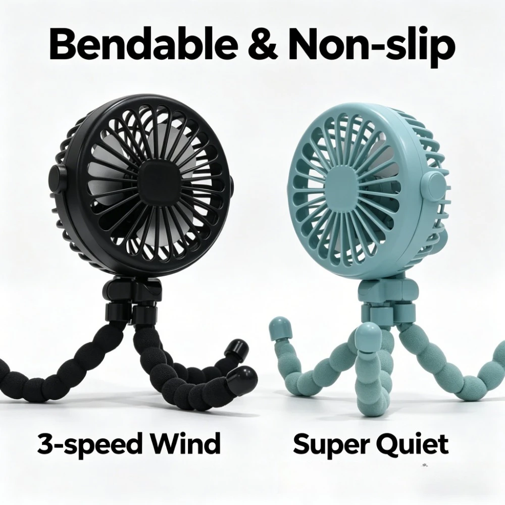 1pc 3 Speed Adjustable Octopus Tripod Stroller Fan,360° Rotation USB Rechargeable Portable Mini Cooling Fan,Strong Wind Quiet Handheld Desk Clip Fan for Baby Stroller,Camping,Bike,Car,Outdoor Travel B