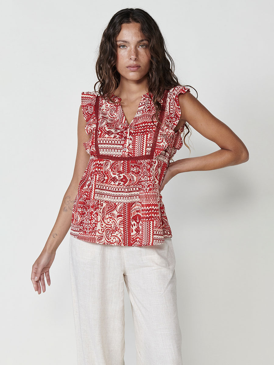 Koroshi - Blusa mujer manga volante estampado paisley rojo en poliéster satinado fluido para look diario o ocasión
