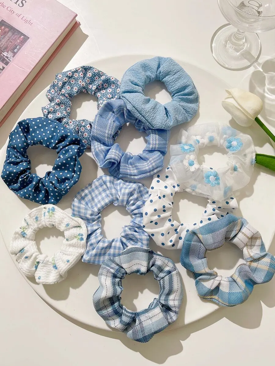 10pcs Women Plaid & Floral Pattern Scrunchies Casual Hair Ties Scrunchy Hair Ties, Hair Accessories