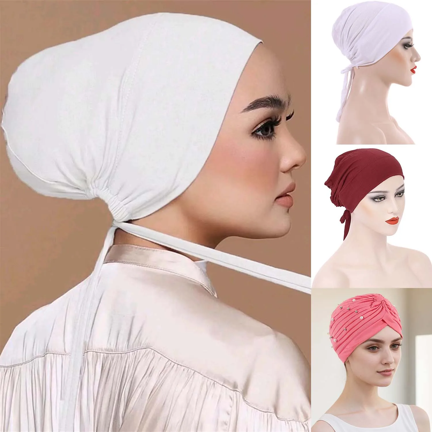 Women Hijab Undercap Turban Beanie Caps Islamic Muslim Under Hijab Cap Inner UnderScarf Hat Hijab Cap with Tie Back Closure