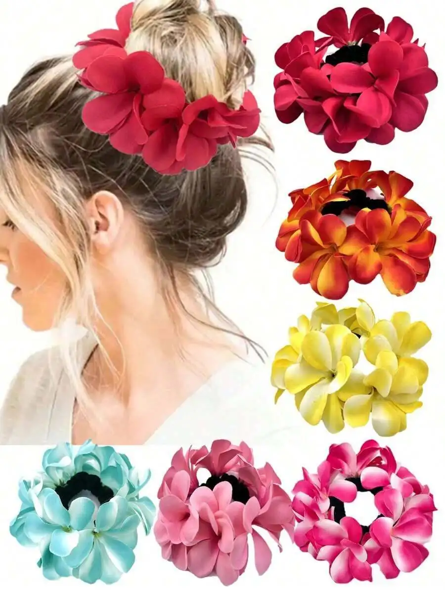 Purple White Floral Plumeria Elastic Hair Band For Bun Or Hair Decoration