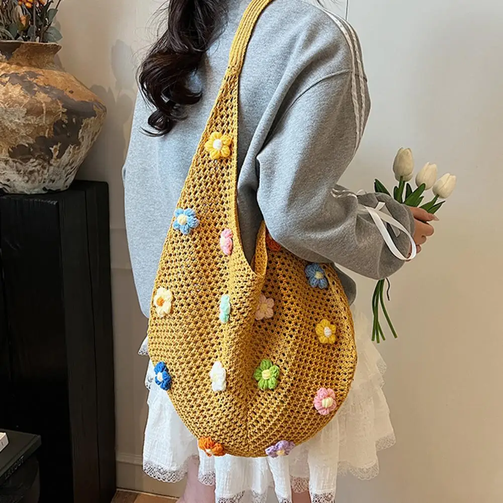 Colorful Flower Design Women's Woven Shoulder Bags Casual Large Capacity Ladies Beach Tote Hollow Knitting Girls Travel Handbags