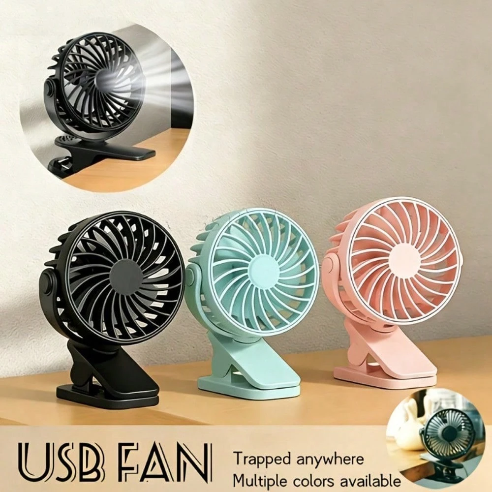 1pc 360° Adjustable USB Clip on Fan, Mini Portable Silent Cooling Fan for Baby Stroller Tent Outdoor, Rechargeable Battery Powered Desk Fan with Strong Wind