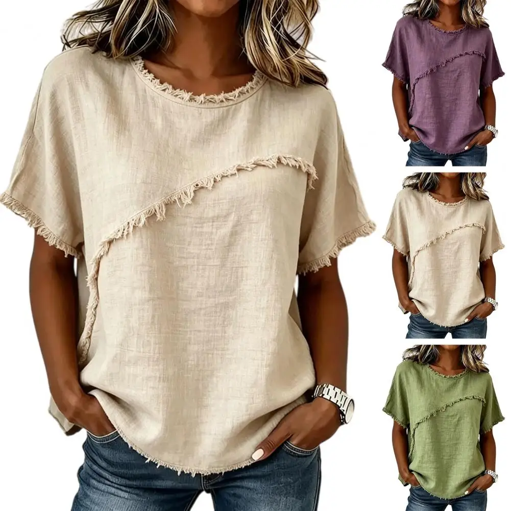 Women Summer New Round Neck Casual Edge Panel Loose Linen Short Sleeve Top Ladies Comfortable Daily Streetwear Holiday Beach