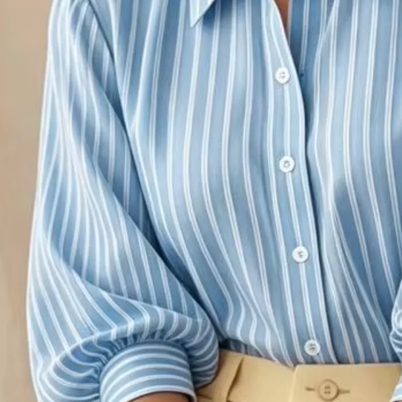 Skin-friendly Blouse Button Placket Striped Print Summer Commuter Shirt Loose Fit Soft Stretchy Tops Daily Wear