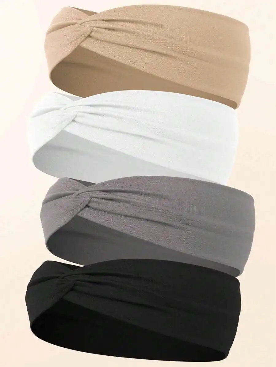 4pcs Solid Color Twist Elastic Headbands For Women Daily Casual Gym Turban Hair Accessories