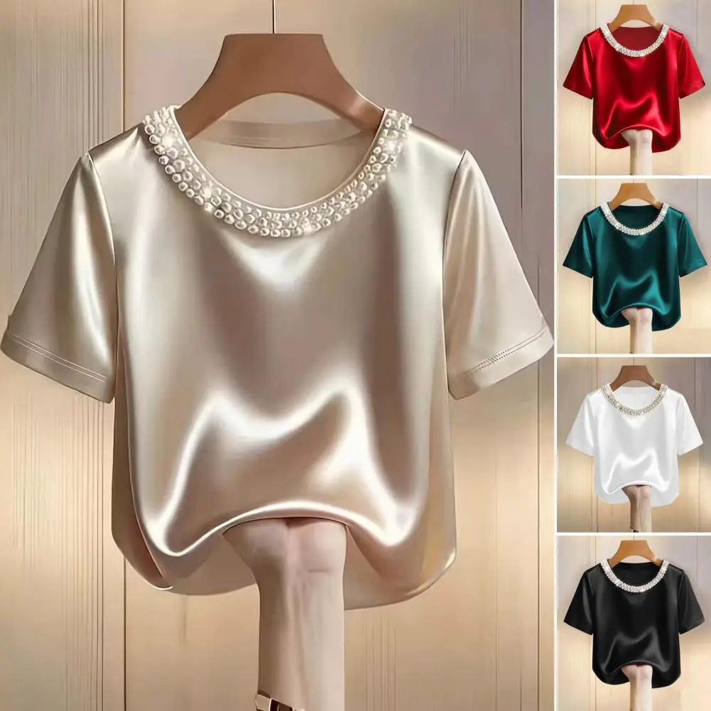 Imitation Pearl Necklace Shirt Women’s Satin T-shirt with Hand-sewn Imitation Pearls Round Neck Tee Short Sleeve for Everyday