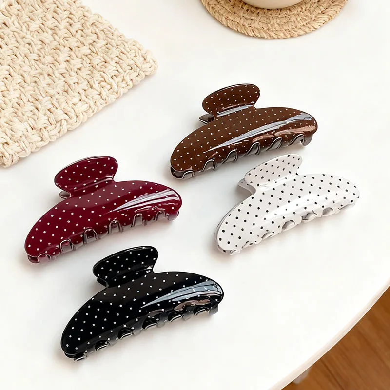 Women Vintage Large Size Hair Claw Clip Polka Dots Print Acrylic Shark Clip Simple Hairpin Elegant Hair Clips Hair Accessories
