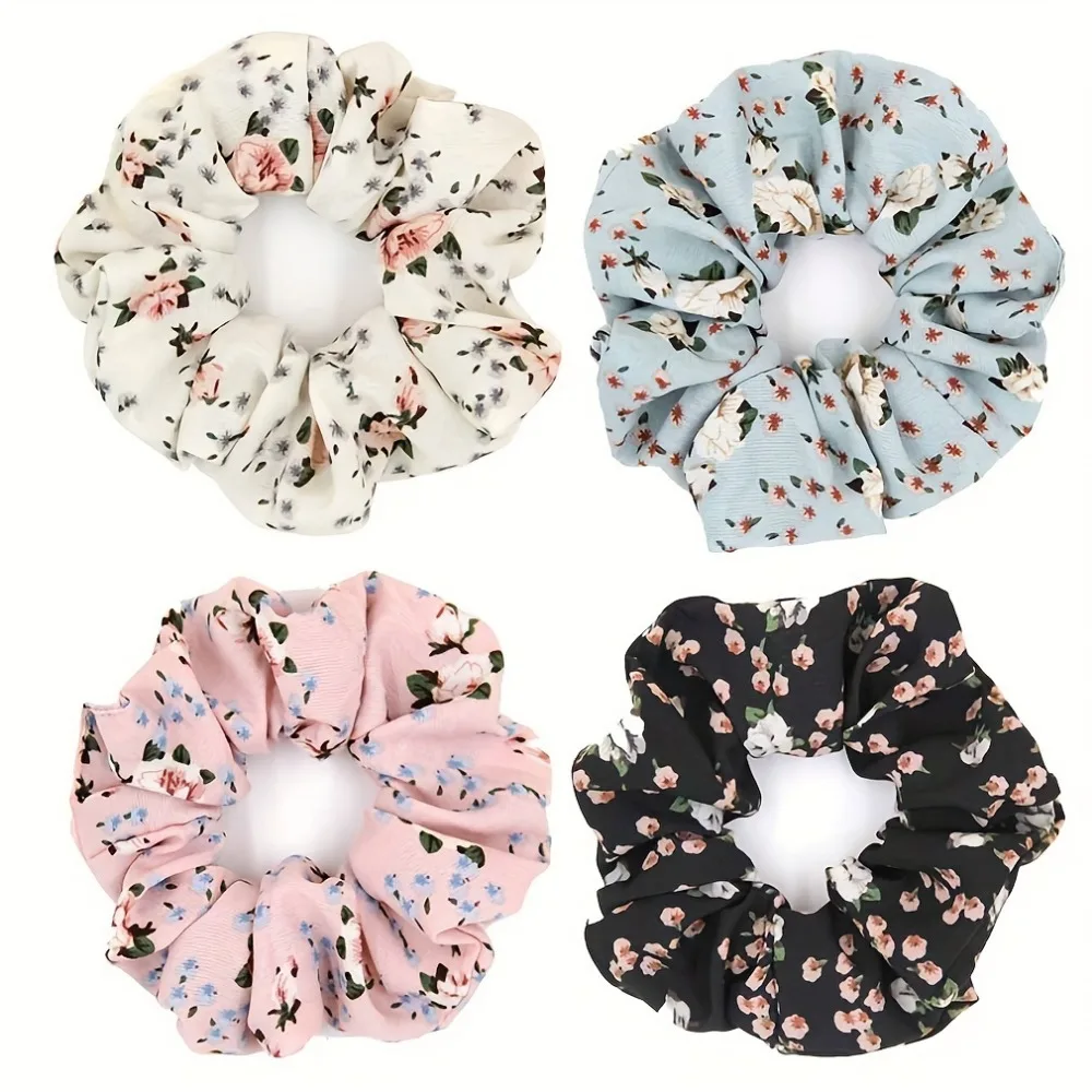 4pcs Sweet and Fresh Girl Simplified Korean Version Printed Chiffon Polka Dot Floral Print Large Circle Thick Headband