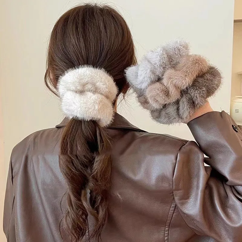 1/2pcs large colic hairband retro imitation mink plush rope high-end rubber band female tie hair rope headwear