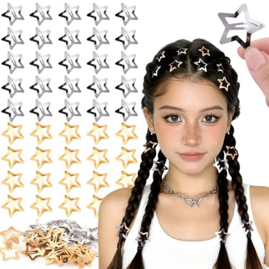 50 PCS Gold Silver Star Hair Clips, 1.18 Inch Y2K Accessories Snap Hair Clips, Non-Slip Small Star Barrettes Metal Accessories