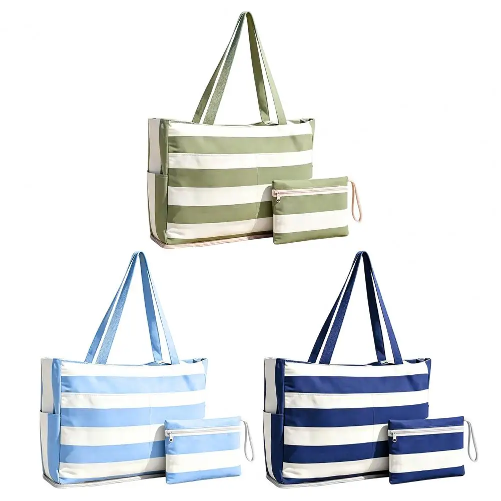 Women Striped Beach Tote, Sand Release Beach Bag with 40oz Tumbler Holder, Summer Holiday Tote for Swim Cruise Vacation