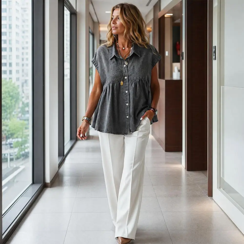 Women Soft Denim Blouse Relaxed Fit Denim Tops Pure Color Ruffle Splicing Casual Shirt for Work Parties Vacations Dates