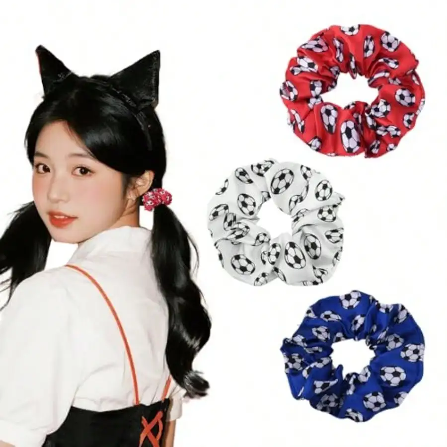 Soccer Ponytail Holders For Girls Women 3Pcs Bule Red White Soccer Elastics For Girls Football Sports Elastic Hair Satin Scrunchies For Women Sports Lovers Football Hair Ponytail Scrunchies For Teens