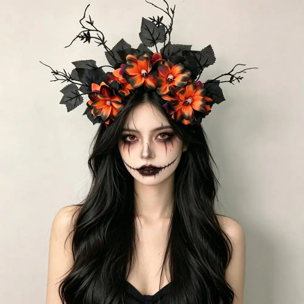 Halloween Hair Hoop, Flexible Spooky Skull Headband, Handmade Fabric Adjustable Floral Halloween Costume Accessory
