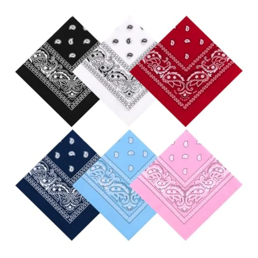 6 Pack 22"x22" Lightweight Bandanas for Women and Men 100% Cotton Bandana