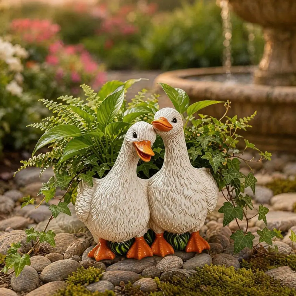 Indoor Plant Pot Resin Flowerpot Set Couple Duck-shaped Planters with Drainage Holes Non-slip Base Decorative Indoor Outdoor