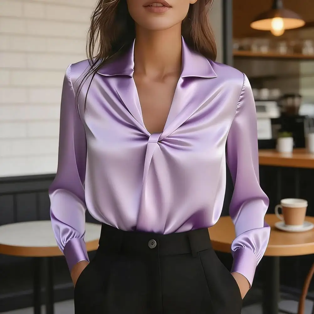 Women Shirt Lapel V-neck Knot Pleated Design Long Sleeve Pullover Tops Pure Color Smooth Satin Casual Tops Daily Wear