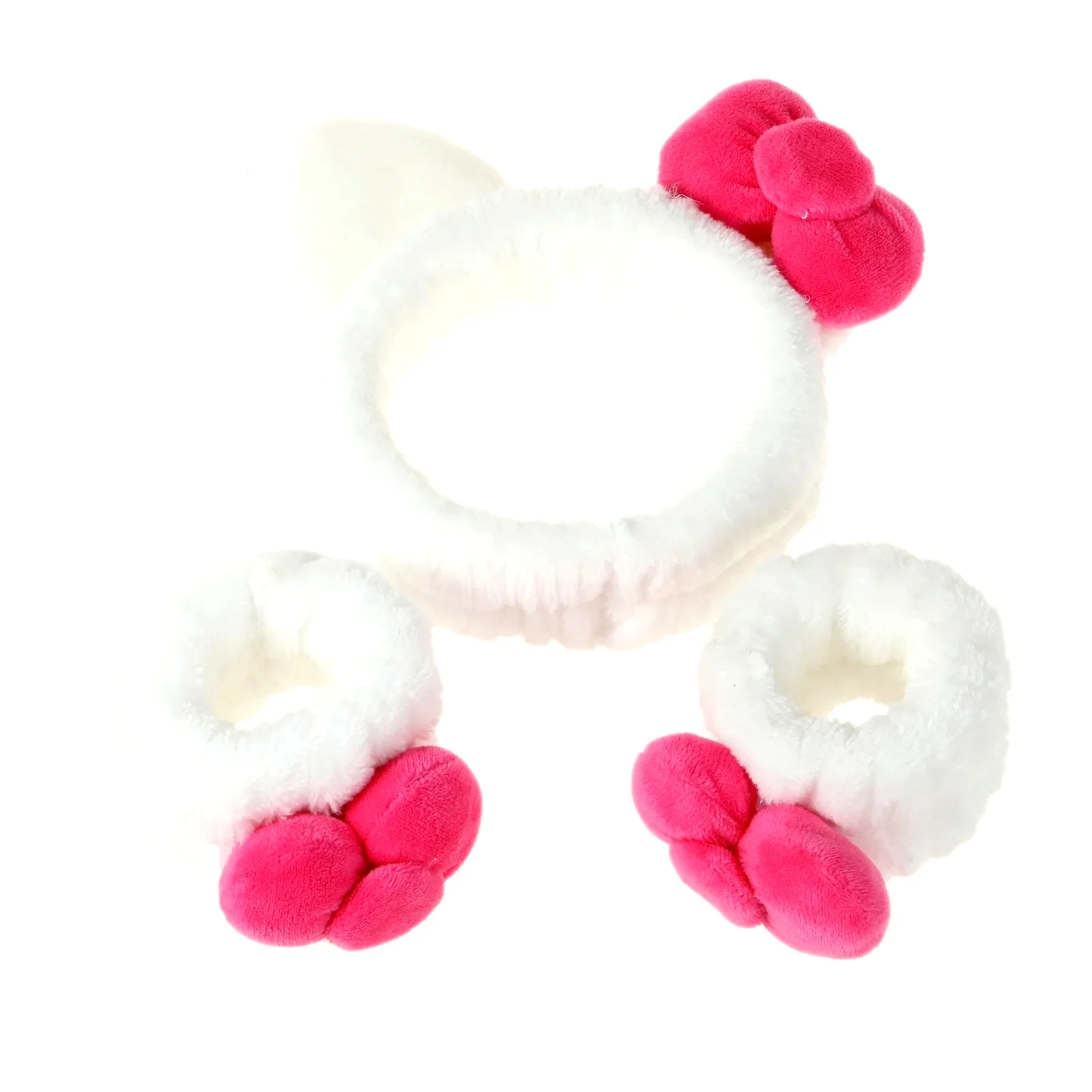 3PCS White Pink Plush Hair Set, Cat Ear Headband & Scrunchies, Cute Fuzzy Hair Accessories, Stylish Daily Hair Decor