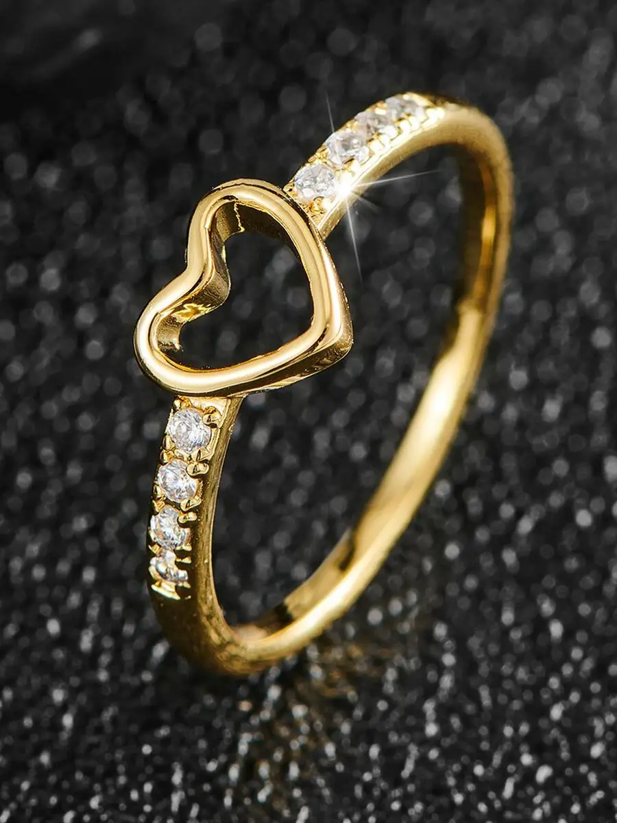 1pc Fashion Hollow Out Heart Cubic Zirconia Single Ring For Women For Daily Decoration Dating Gift Valentines