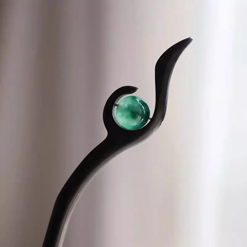 New Chinese ancient style simple wooden hairpin high-end green bead disc hairpin classical hairpin cheongsam Hanfu accessories