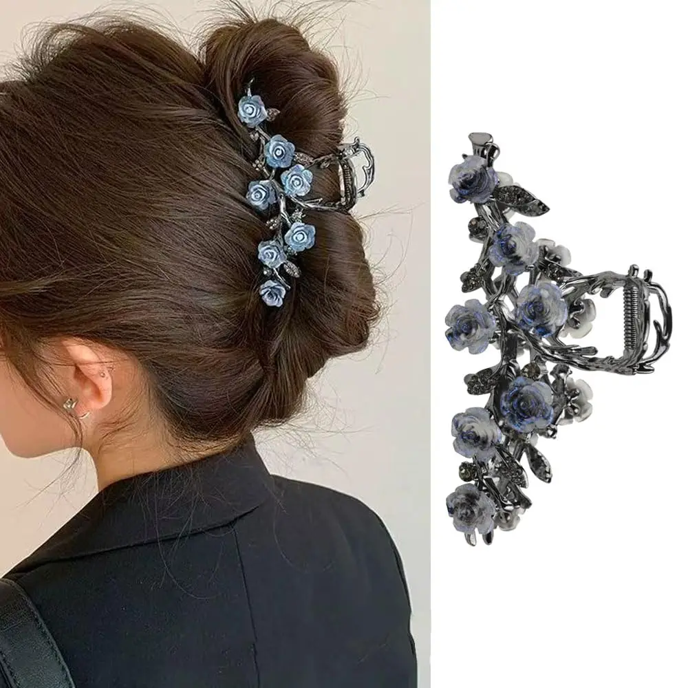1PCS Large Hair Claw Clips for Thick/Thin Hairs Metal Black with Blue Rose Design Hair Clip Jaw Clips Hairpin French Style Hair Accessories for Women Wedding Birthday Hair Decorations