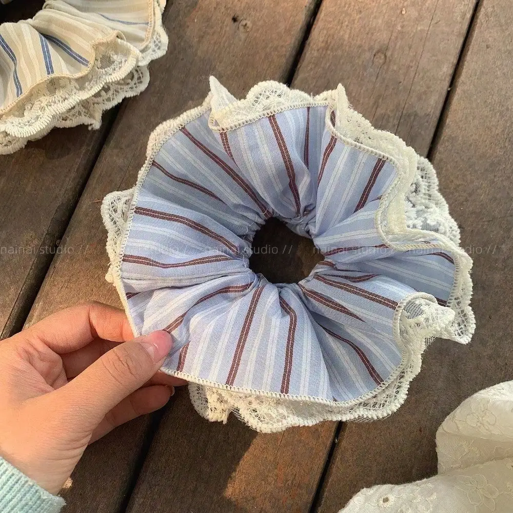 Ruffled Lace Striped Hair Scrunchie, Casual Everyday Accessory