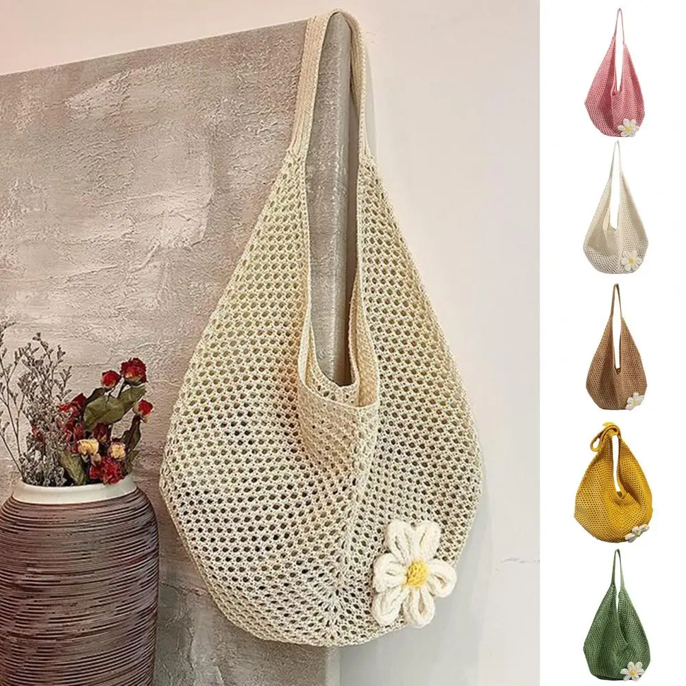 1 Piece of Hollow-Out Knitted Large-Capacity Tote Bag, Decorated with Cute Large Flowers, Youthful and Fashionable