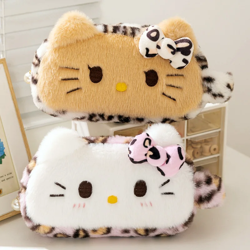 Cartoon Sanrio Hello Kitty Leopard Print Plush Stationery Pouch 25Cm Large Capacity Portable Storage Student Gifts School Opens