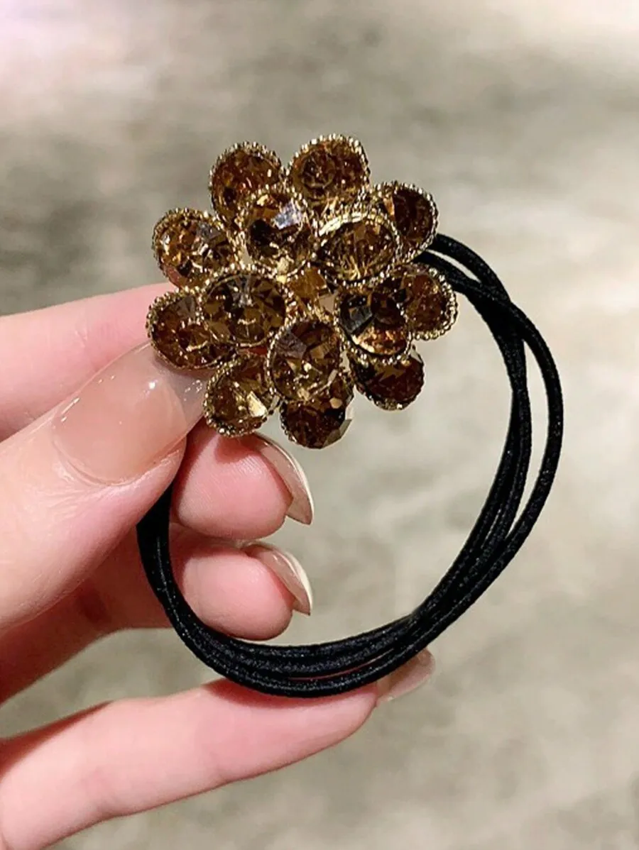 Solid Color Alloy Round Crystal Elastic Hair Tie & Bracelet Decoration, New Women's Ponytail Hair Ties Ponytail Holders Hair