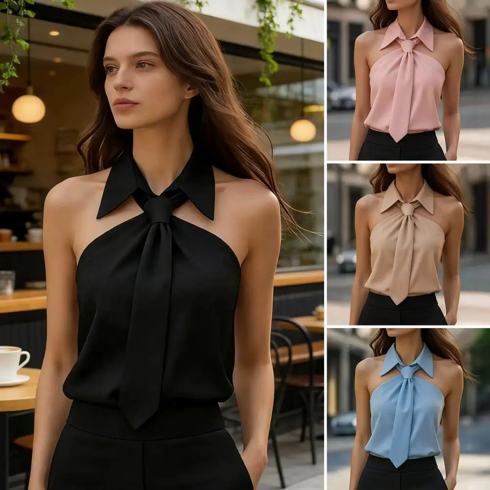 Spring Summer Women's Lapel Tie Shirt Fashionable Design Solid Color Sleeveless Vest Tops for Commuting Elegance Office Lady