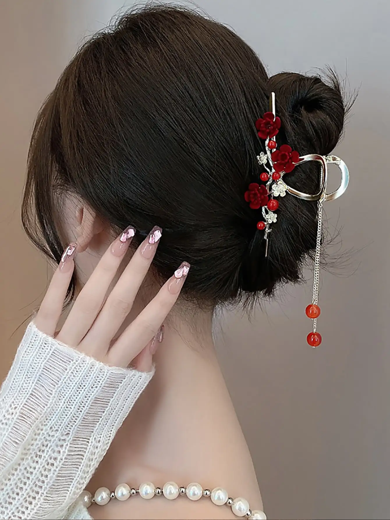 Flower & Bead Tassel Decor Hair Claw Elegant Valentine's Day Valentines Claw Clips Hair Clips Hair Jaw Clip Hair